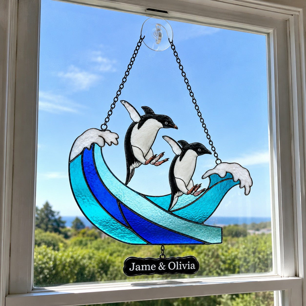 Personalized Penguin Couple Ocean Wave Holographic Acrylic Suncatcher