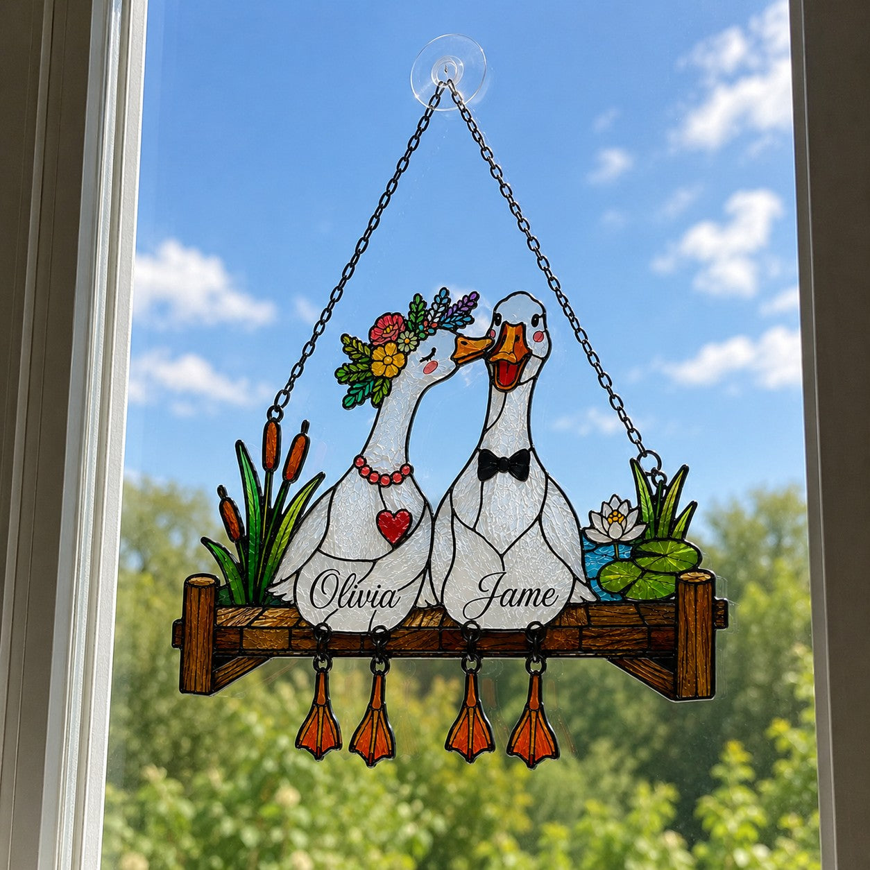 Personalized Goose Couple Wedding Fence Holographic Acrylic Suncatcher