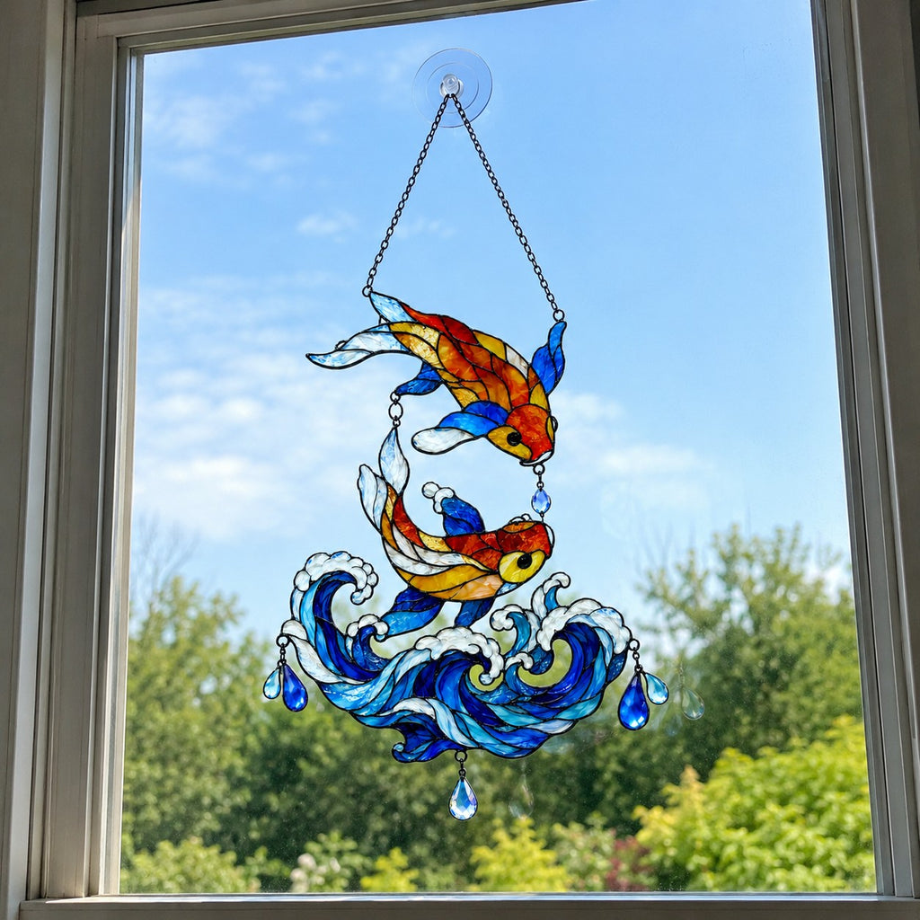 Koi Fish Couple Ocean Wave Holographic Acrylic Suncatcher