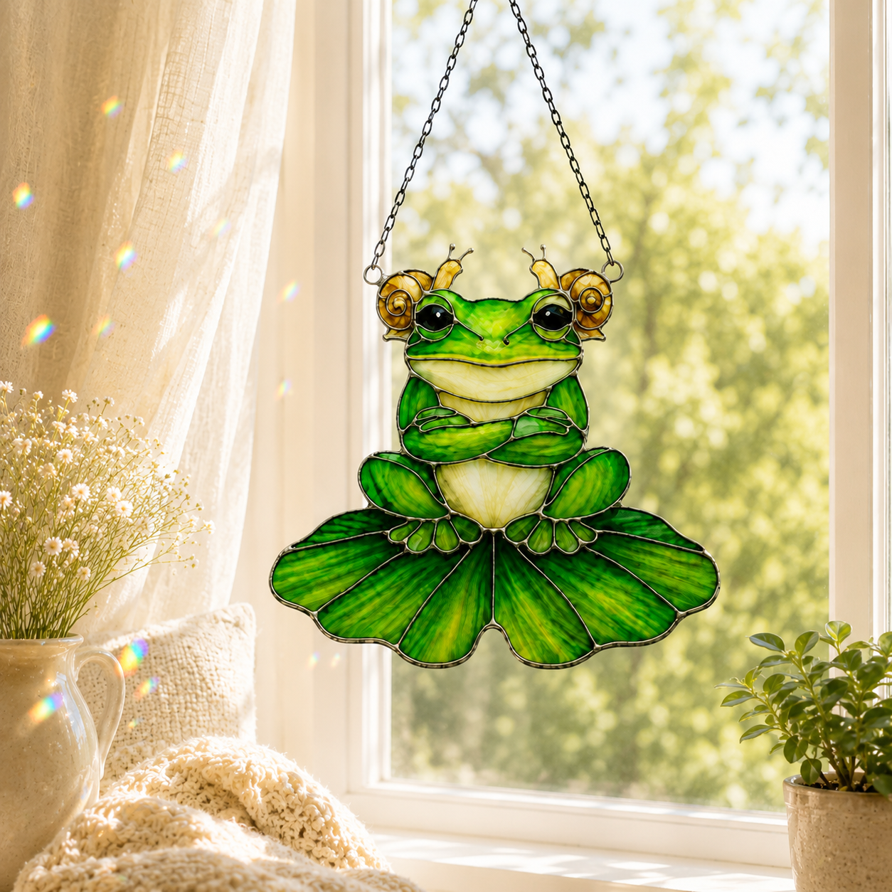 Frog & Snail Friends on Leaf Holographic Acrylic Suncatcher