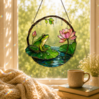 Frog on Lily Pad & Lotus Pond Holographic Acrylic Suncatcher