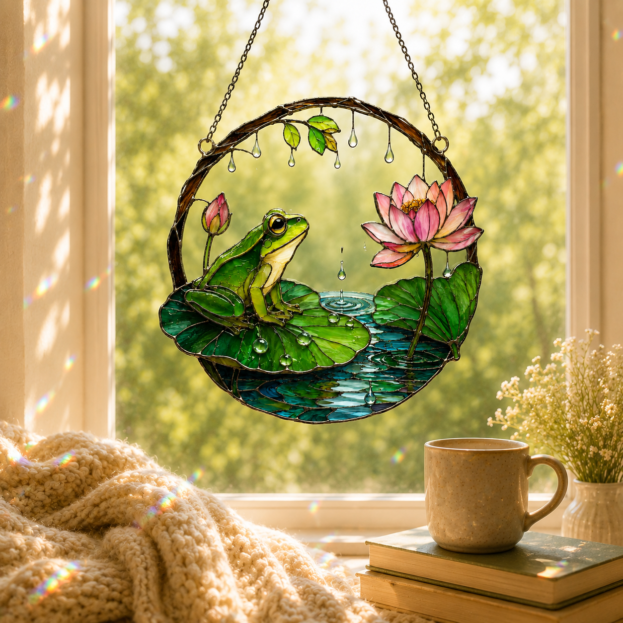 Frog on Lily Pad & Lotus Pond Holographic Acrylic Suncatcher