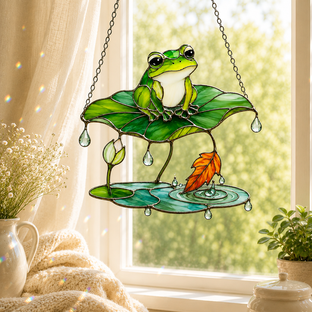 Frog Under Lotus Leaf Umbrella Holographic Acrylic Suncatcher