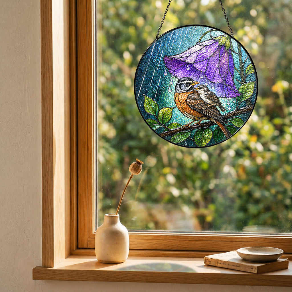 Bird & Purple Bellflower Umbrella Stained Glass Suncatcher