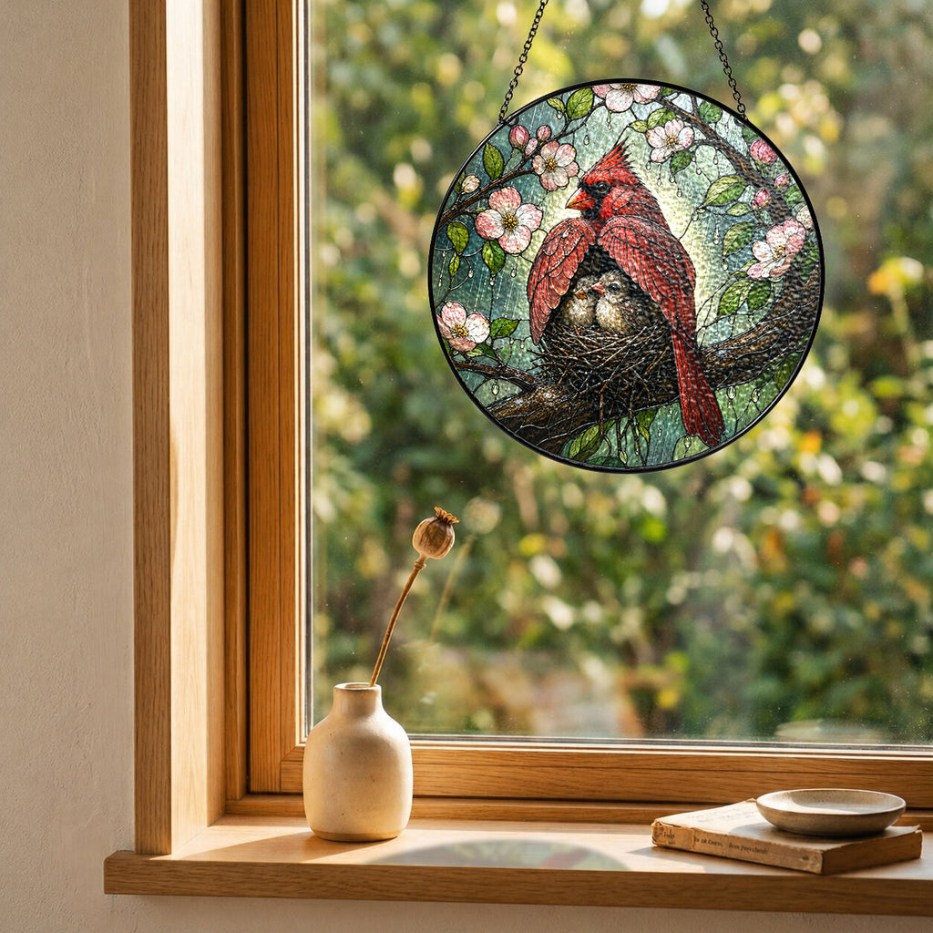 Cardinal Couple & Nest Stained Glass Suncatcher