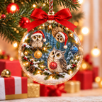 Three Owls in Santa Hats Snowy Christmas Bauble Ornament