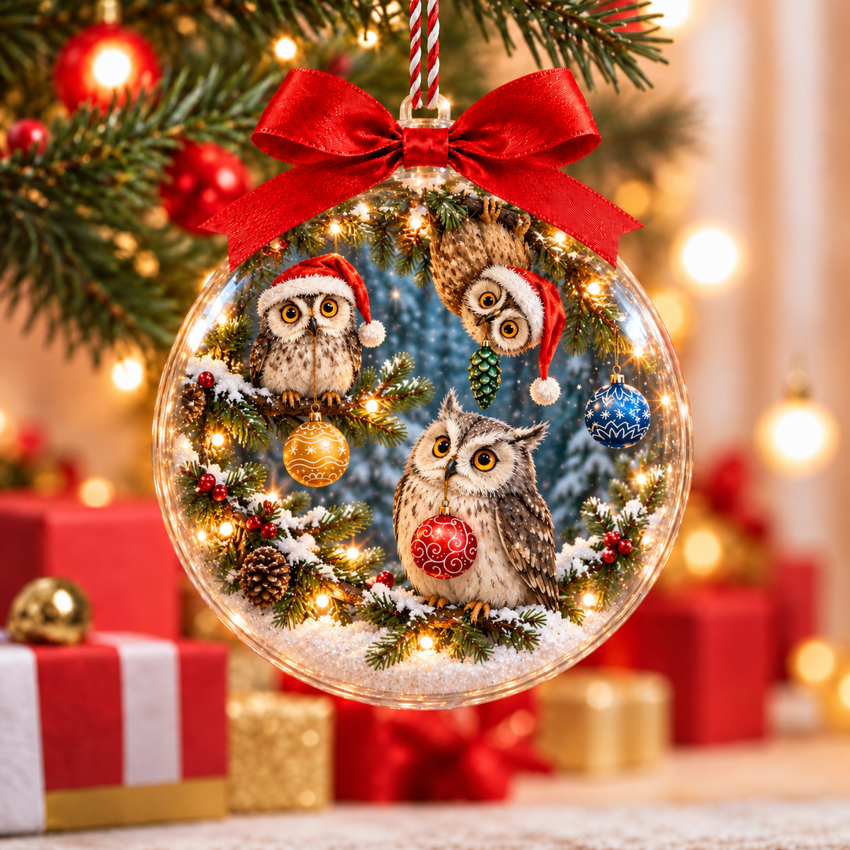 Three Owls in Santa Hats Snowy Christmas Bauble Ornament