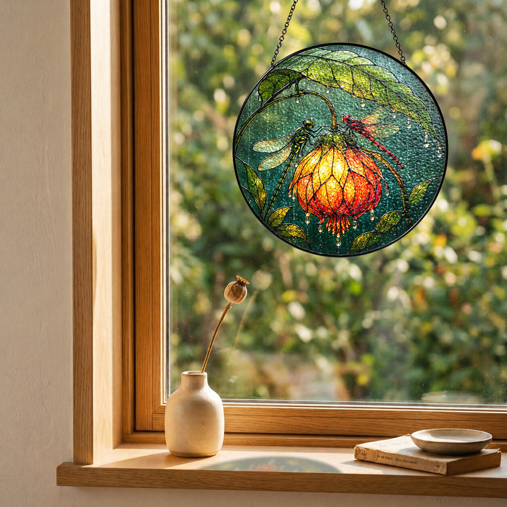 Dragonfly & Glowing Fuchsia Stained Glass Suncatcher