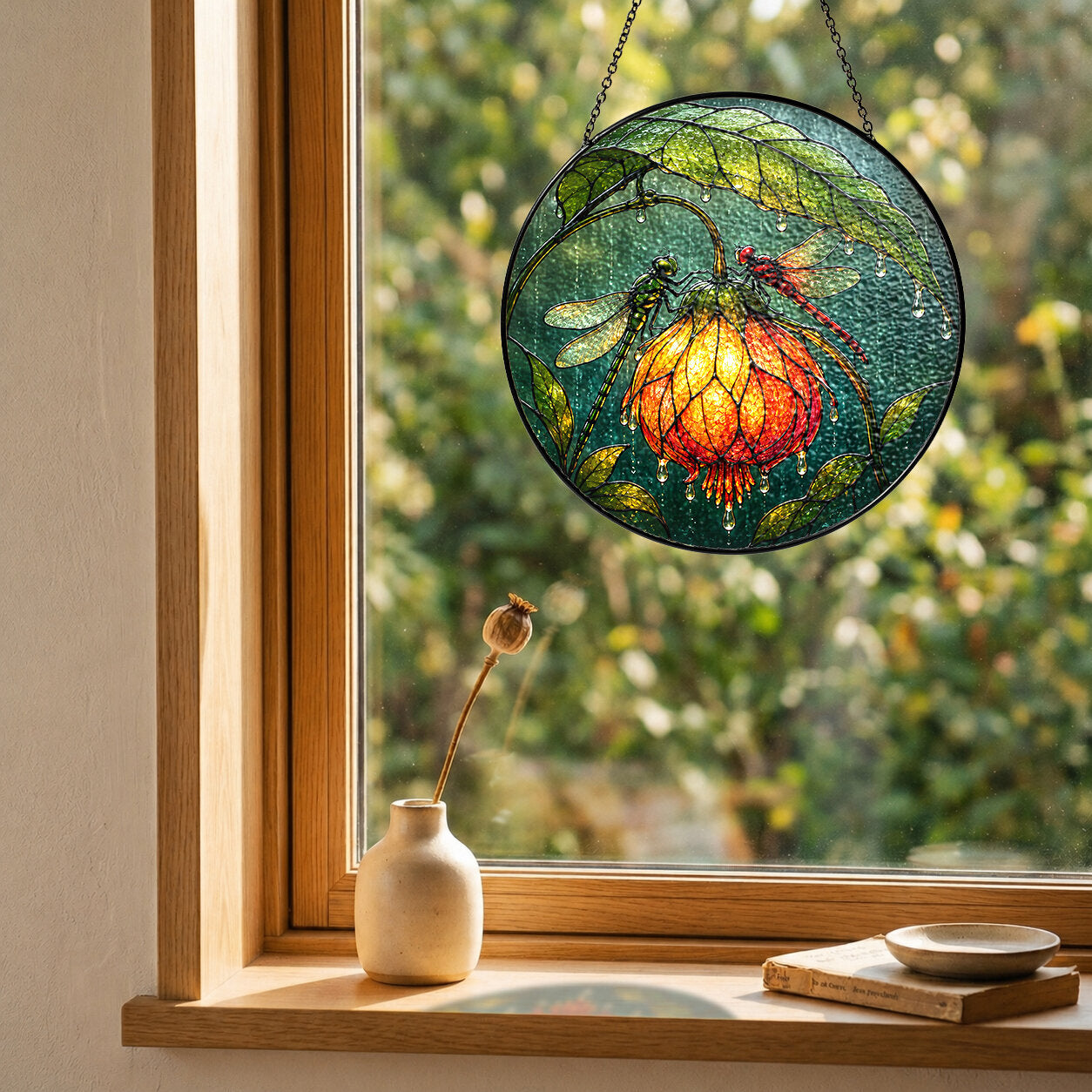 Dragonfly & Glowing Fuchsia Stained Glass Suncatcher