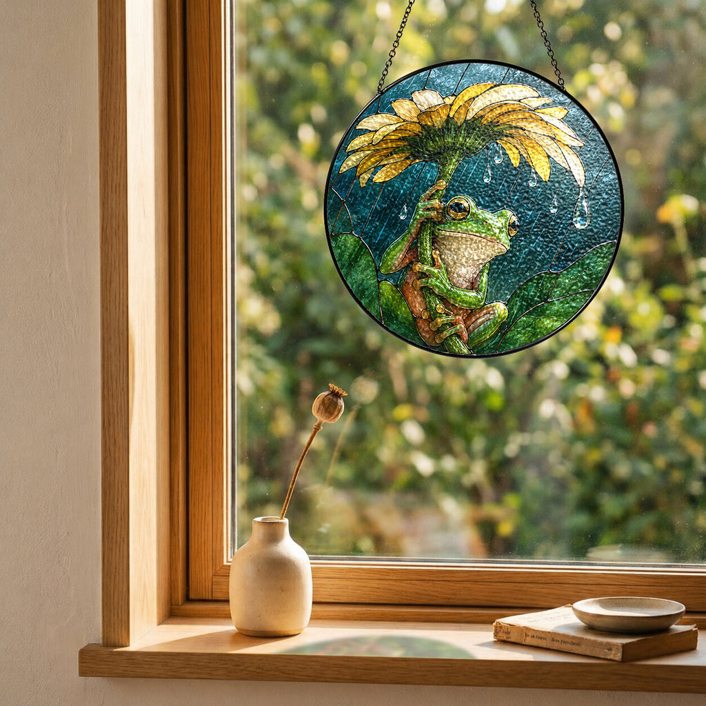 Frog with Sunflower Umbrella Stained Glass Suncatcher
