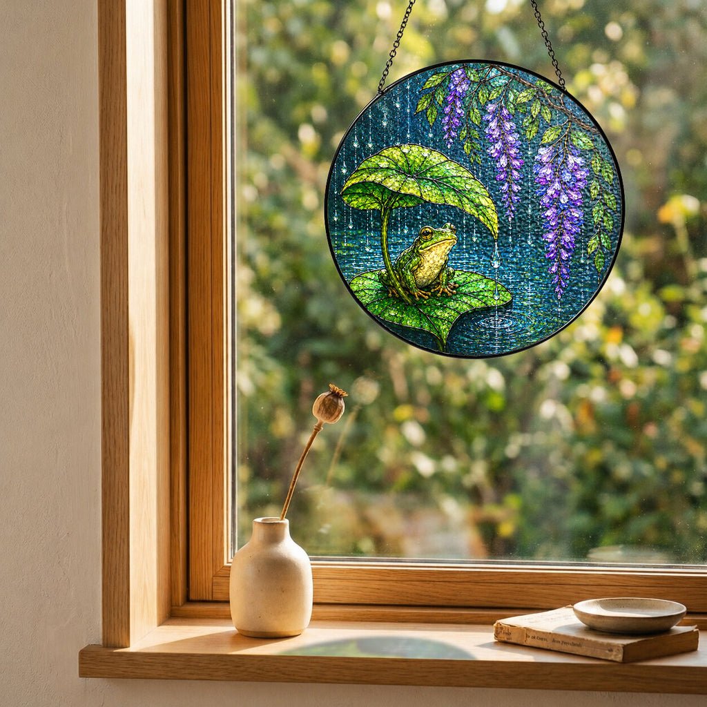 Frog & Wisteria Leaf Umbrella Stained Glass Suncatcher