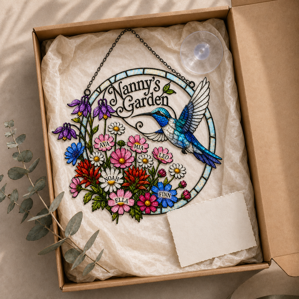 Personalized Nanny's Garden Hummingbird Holographic Acrylic Suncatcher