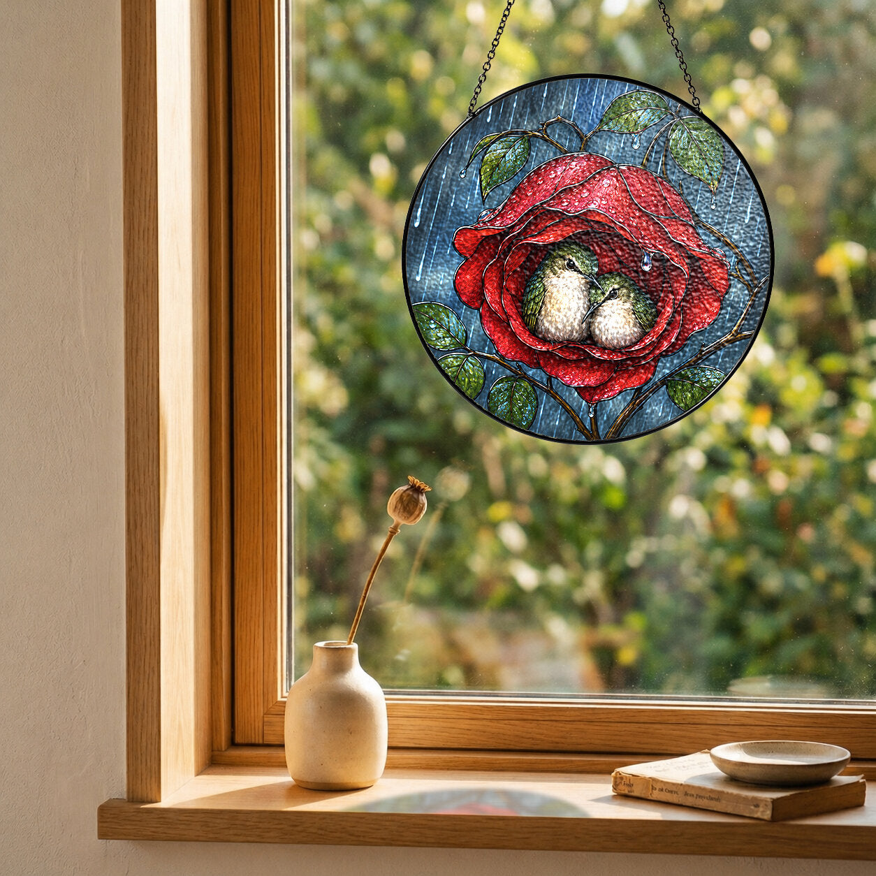 Lovebirds in a Rose Stained Glass Suncatcher