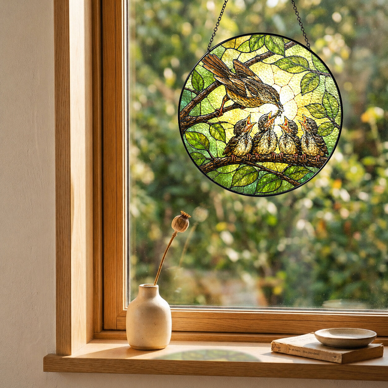 Mother Bird Feeding Chicks Stained Glass Suncatcher