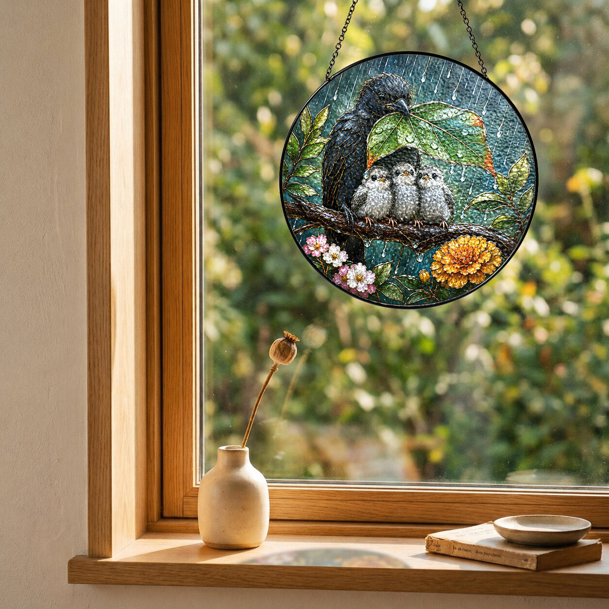 Sheltering Bird Family Stained Glass Suncatcher