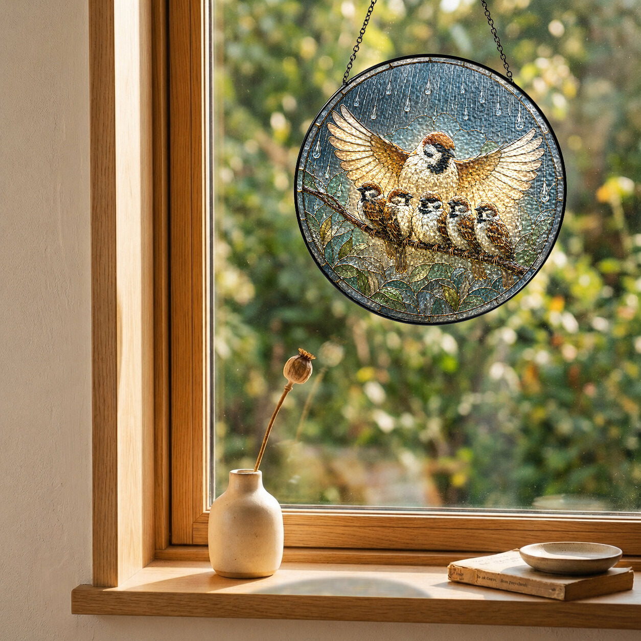 Mother Sparrow Sheltering Chicks Stained Glass Suncatcher