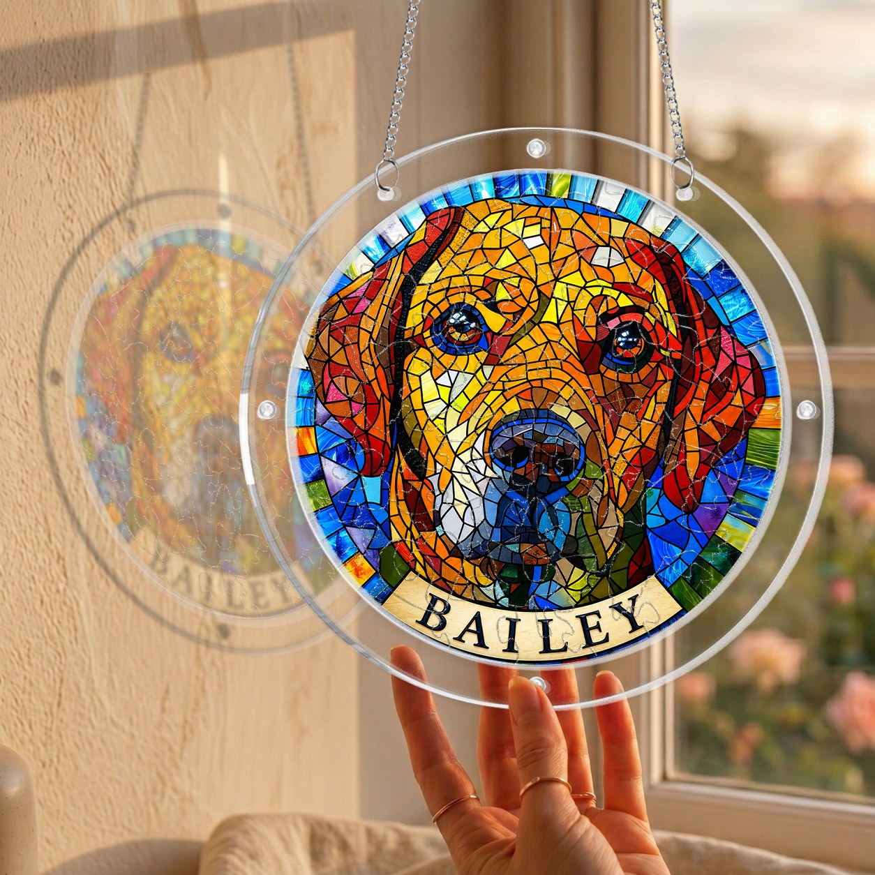 Hand holding the rainbow mosaic dog memorial puzzle suncatcher up to a sunlit window