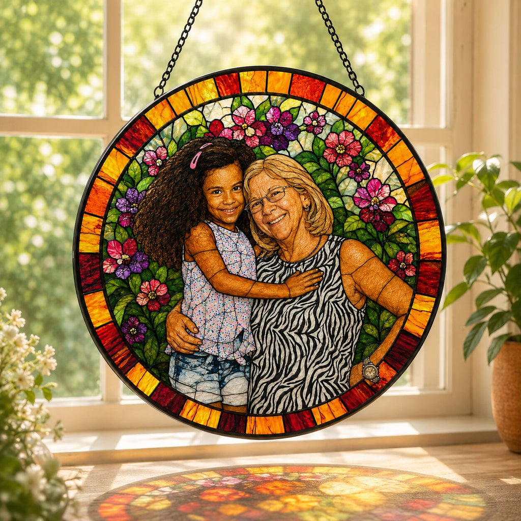 Personalized Floral Mosaic Photo Stained Glass Suncatcher
