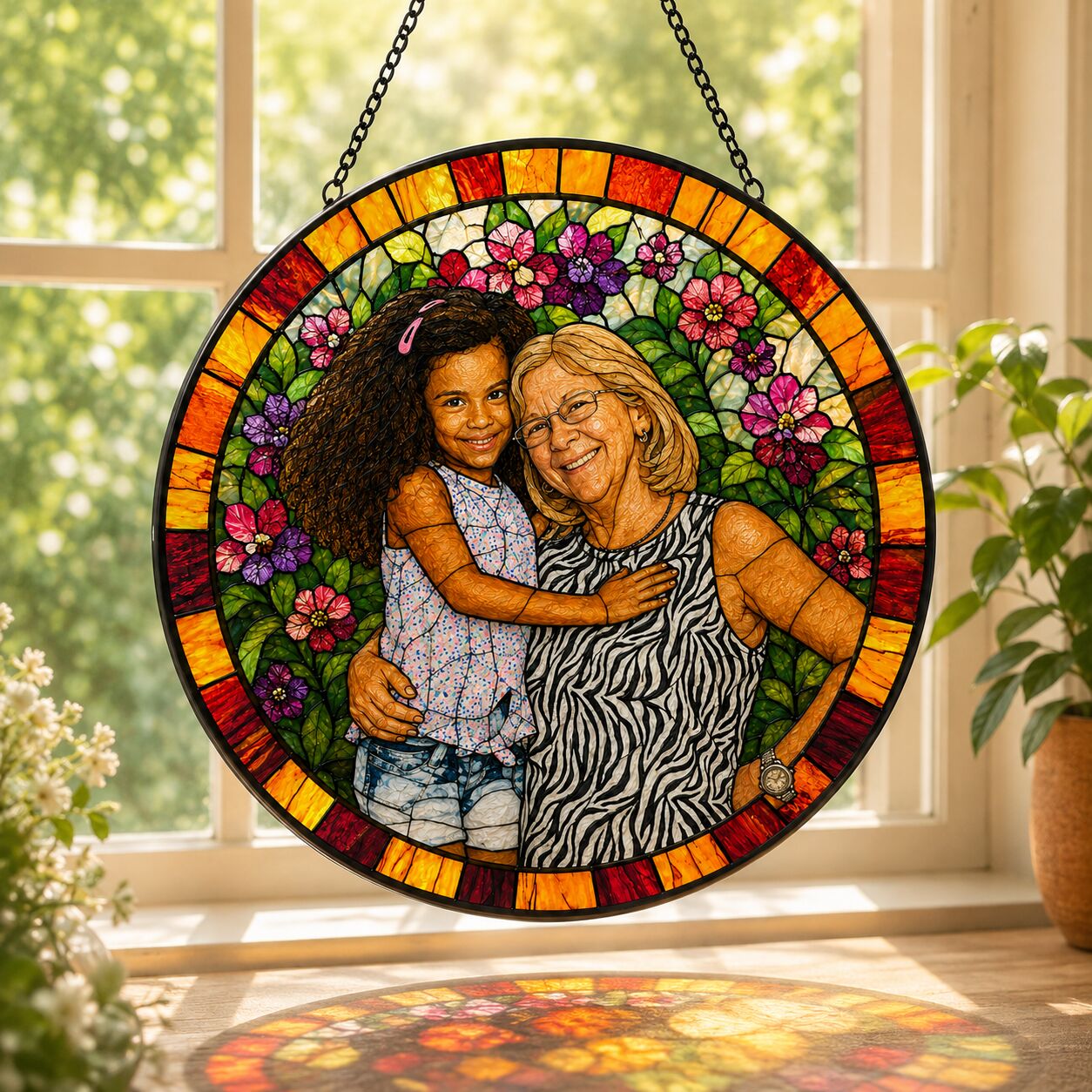 Personalized Floral Mosaic Photo Stained Glass Suncatcher