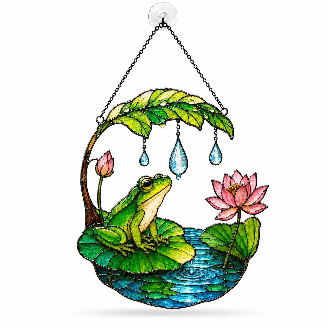 Frog and lotus stained glass style acrylic suncatcher with hanging chain