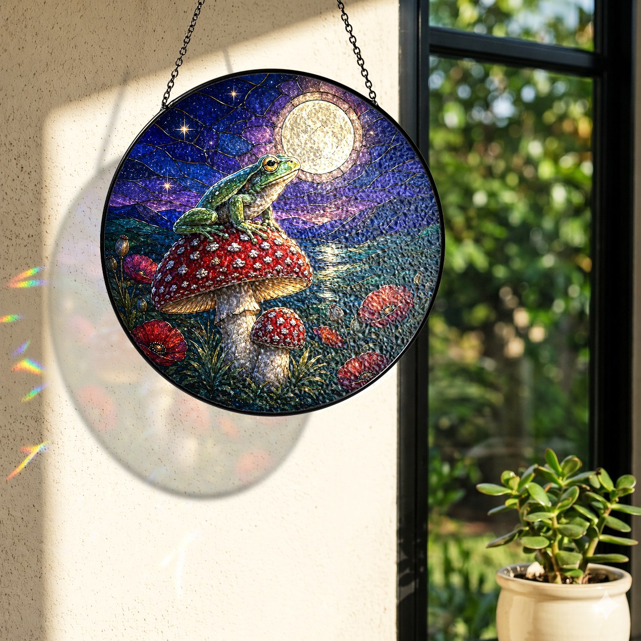 Frog on Mushroom Moonlit Stained Glass Suncatcher