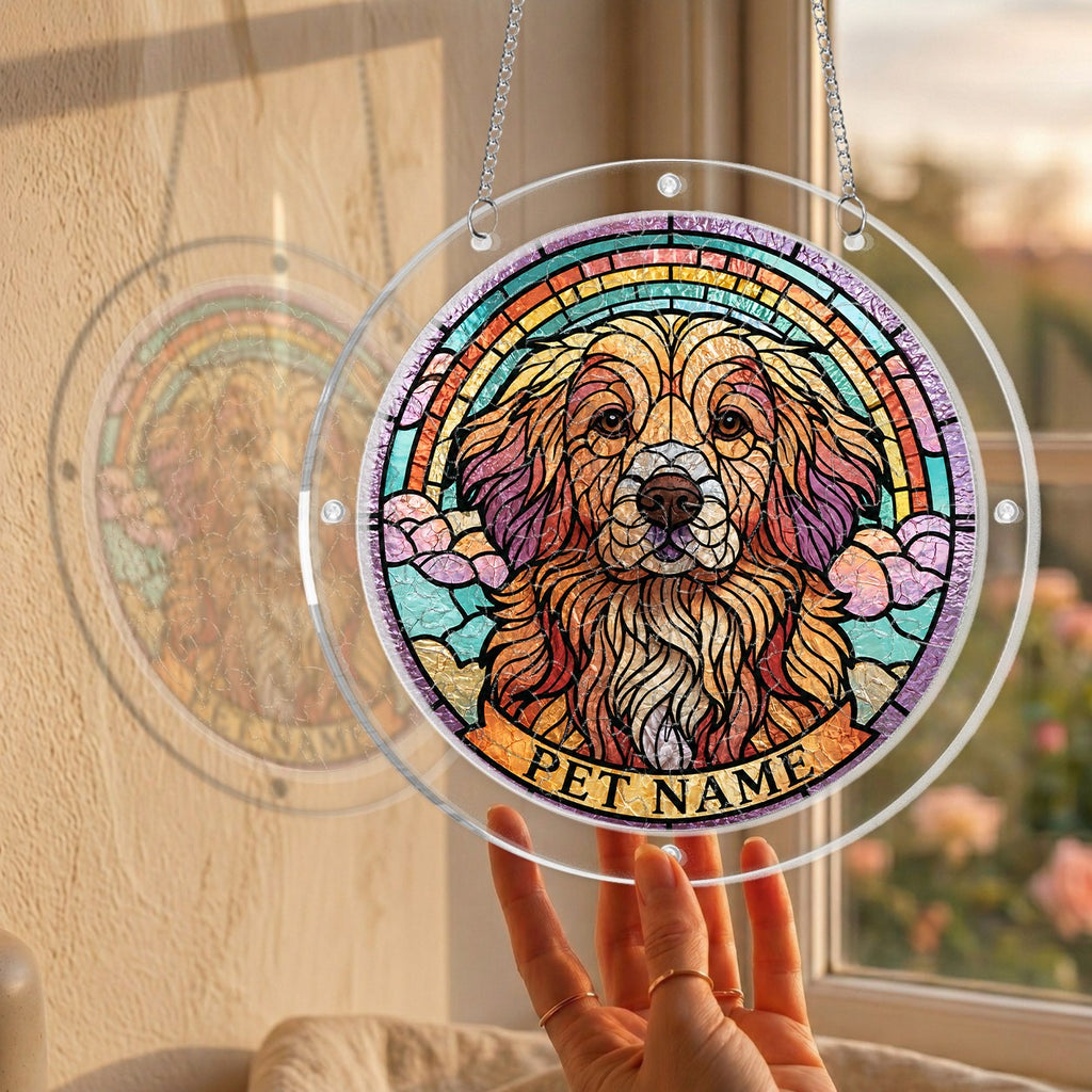 Dog memorial puzzle suncatcher held up to a sunlit window