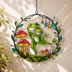 Dancing Frog Couple with Mushrooms Holographic Acrylic Suncatcher
