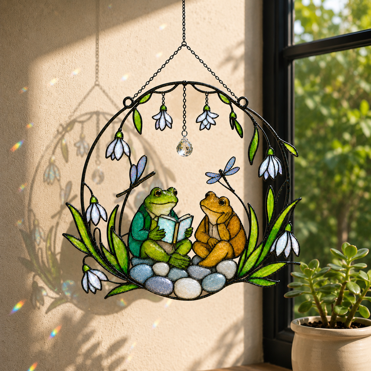 Frog Couple Reading a Book Holographic Acrylic Suncatcher
