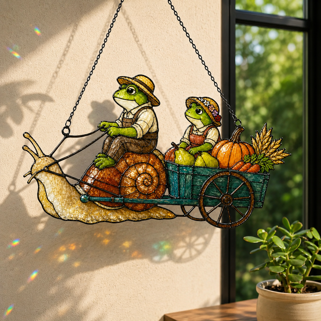 Frog Couple Pumpkin Harvest Snail Cart Holographic Acrylic Suncatcher