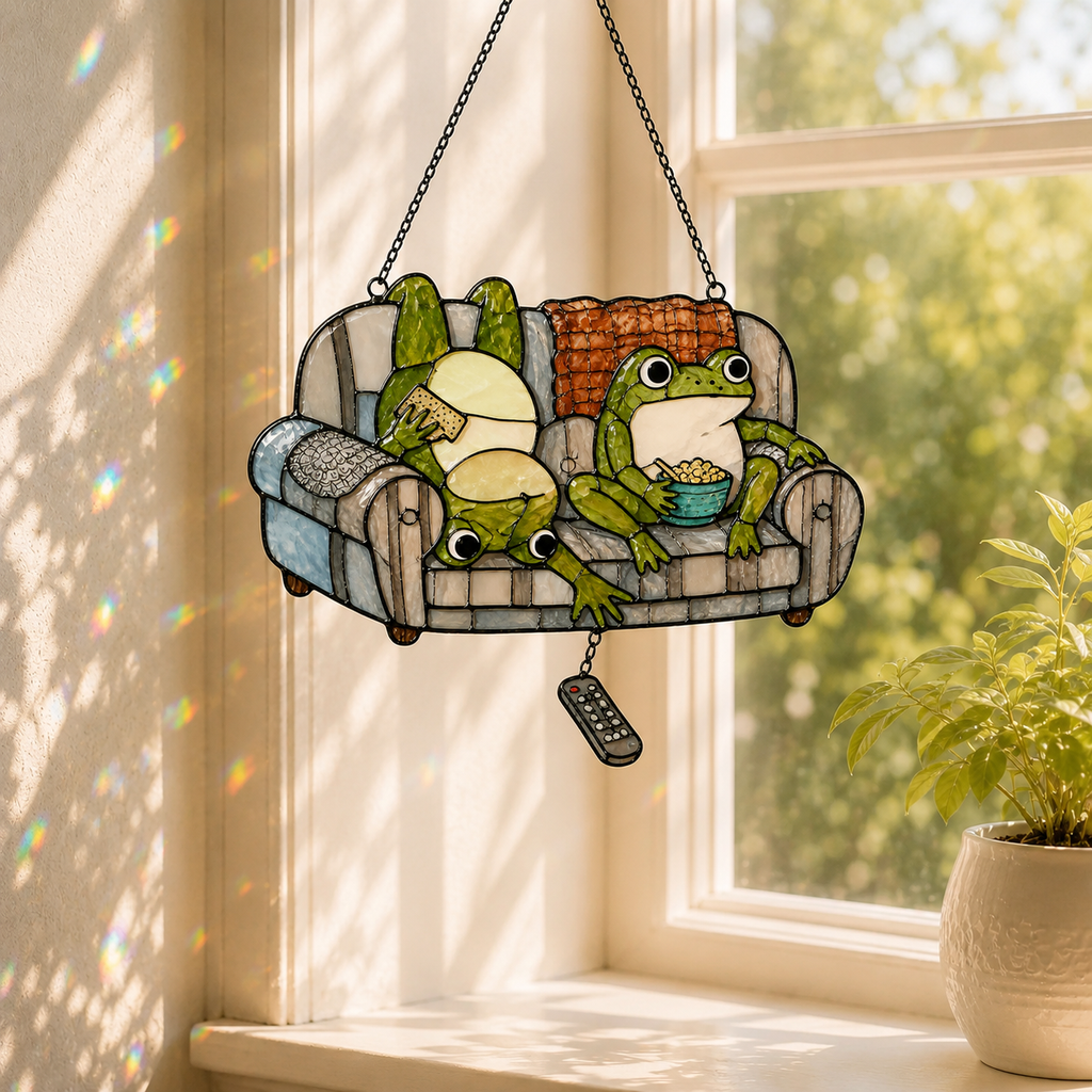 Frog Couple Movie Night on Couch Holographic Acrylic Suncatcher