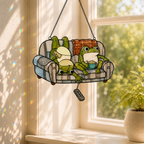 Frog Couple Movie Night on Couch Holographic Acrylic Suncatcher
