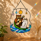 Owl and Cat Couple in a Boat Holographic Acrylic Suncatcher