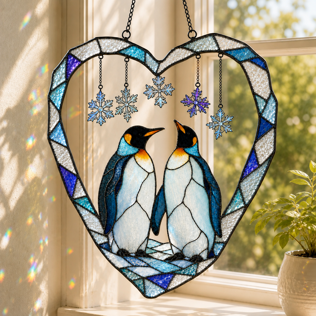 Penguin Couple Heart Snowflake Holographic Acrylic Suncatcher