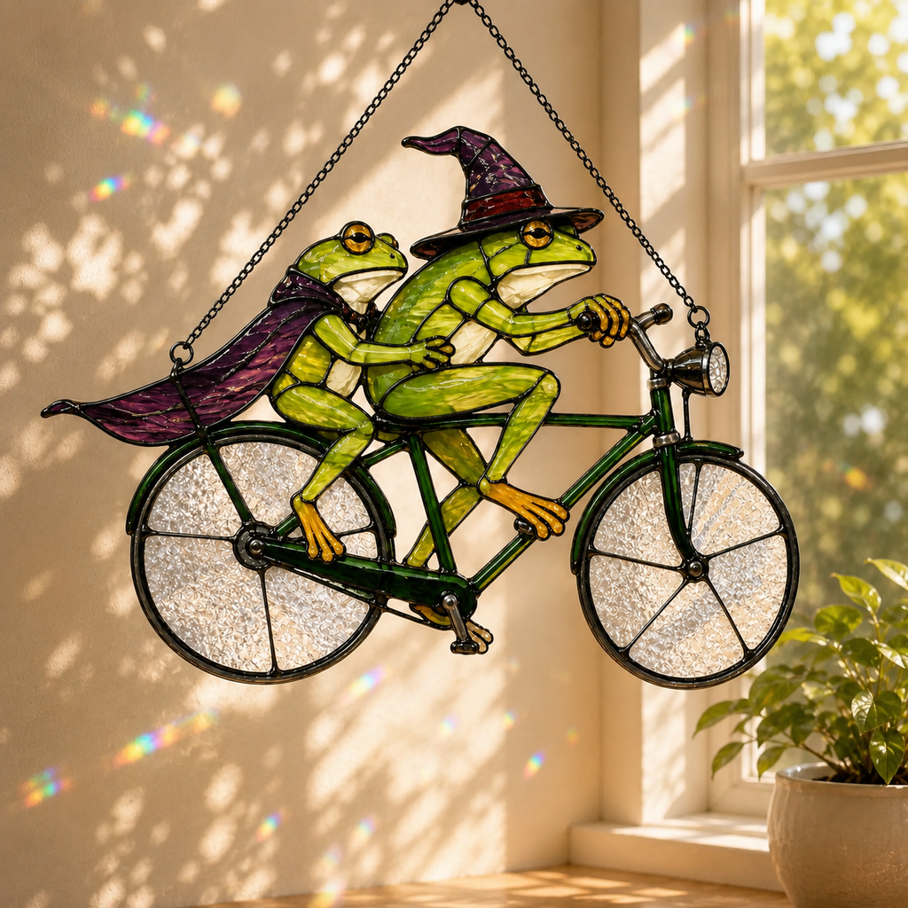 Witch Frog Couple on a Bicycle Holographic Acrylic Suncatcher