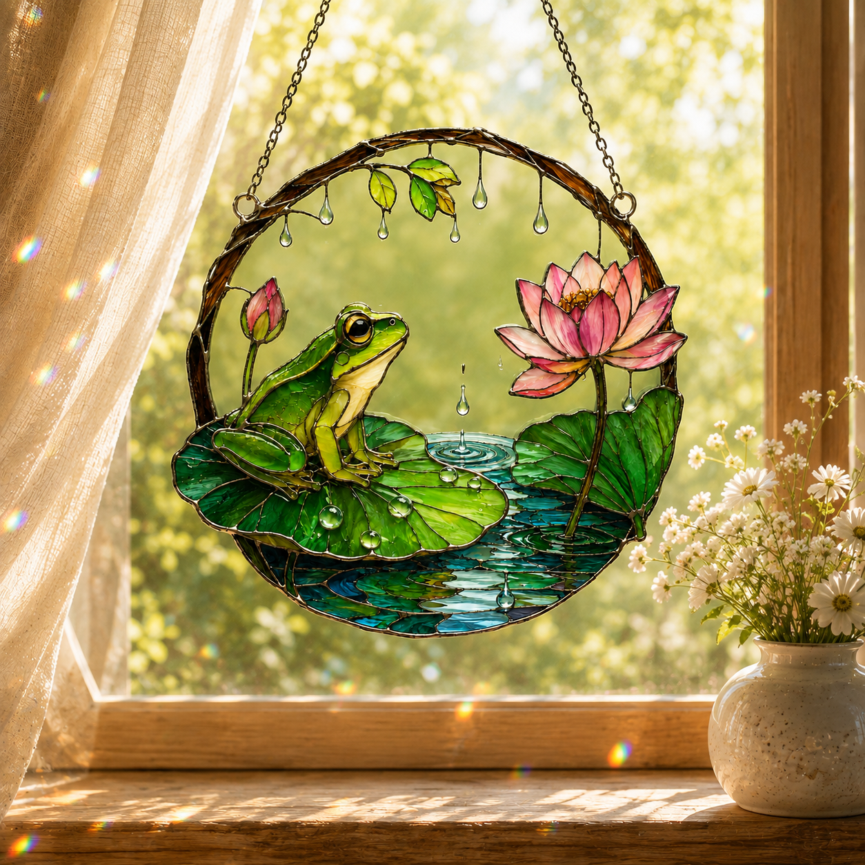 Frog on Lily Pad & Lotus Pond Holographic Acrylic Suncatcher
