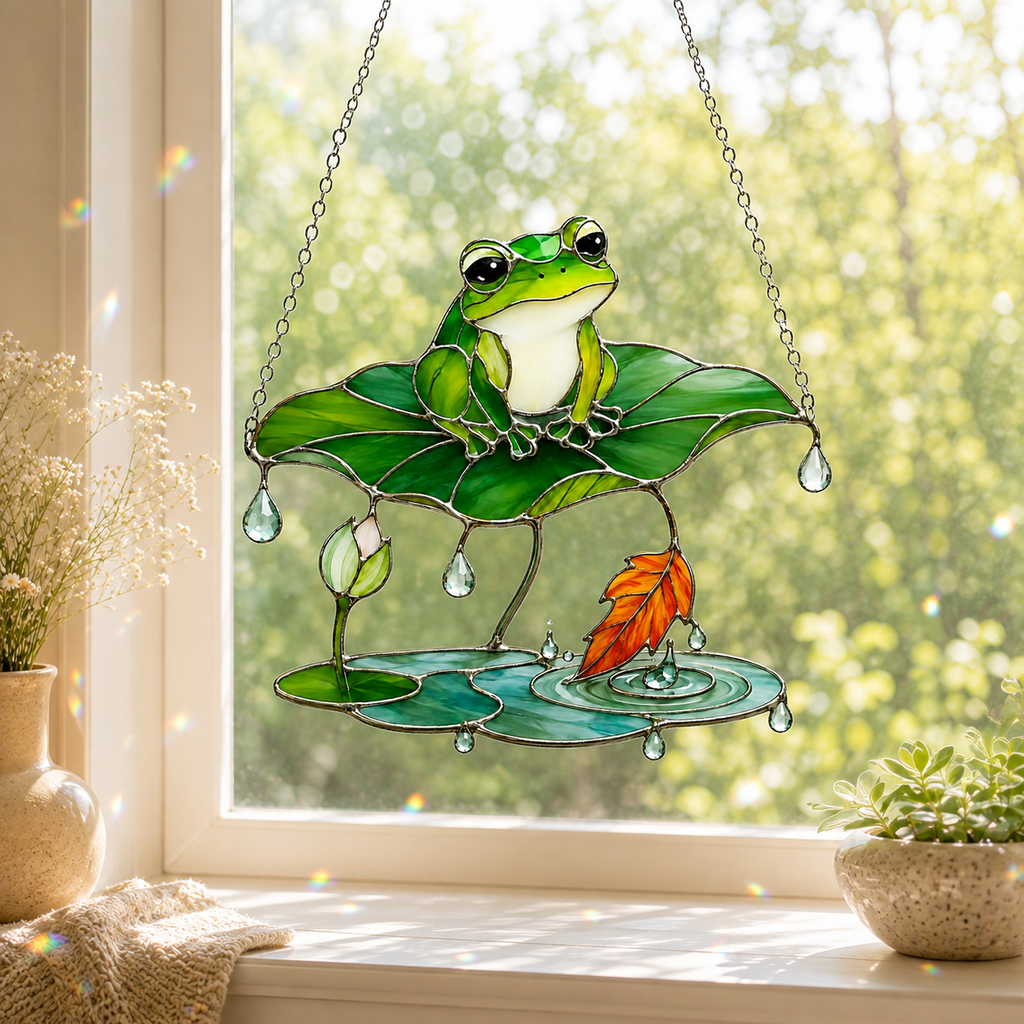 Frog Under Lotus Leaf Umbrella Holographic Acrylic Suncatcher
