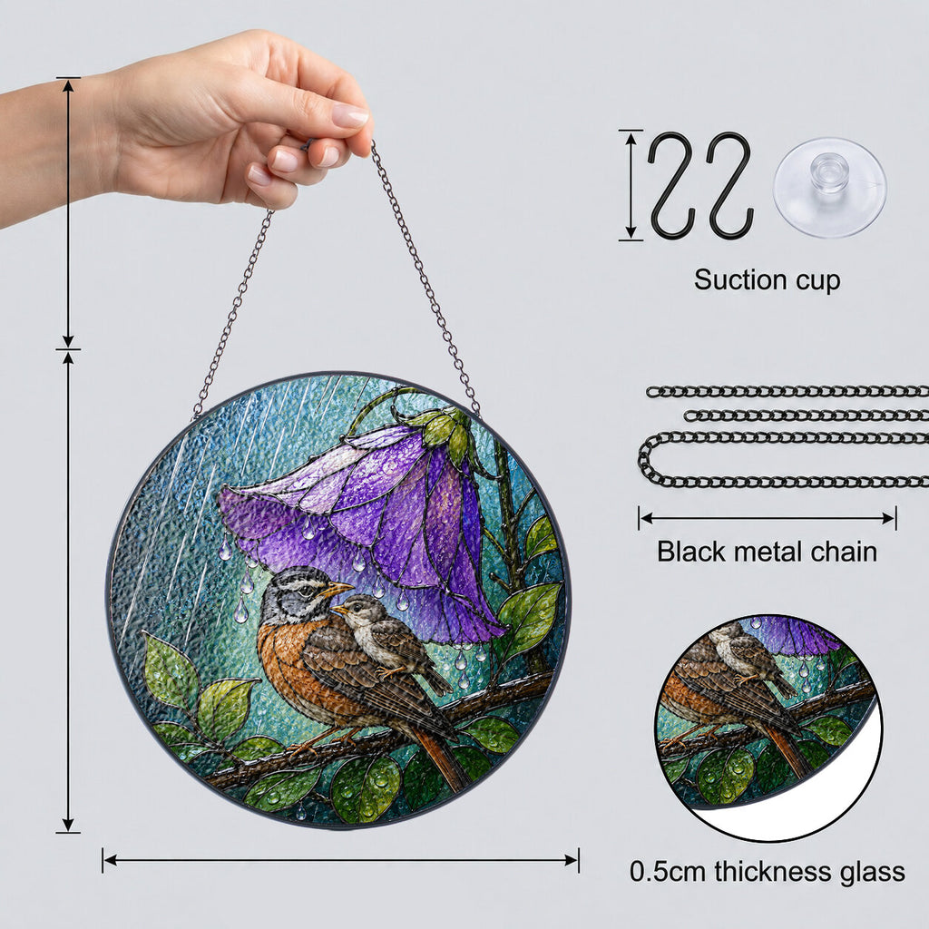 Bird & Purple Bellflower Umbrella Stained Glass Suncatcher