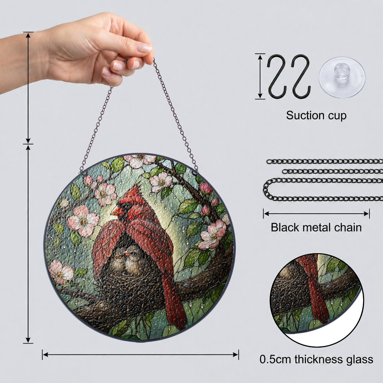Cardinal Couple & Nest Stained Glass Suncatcher
