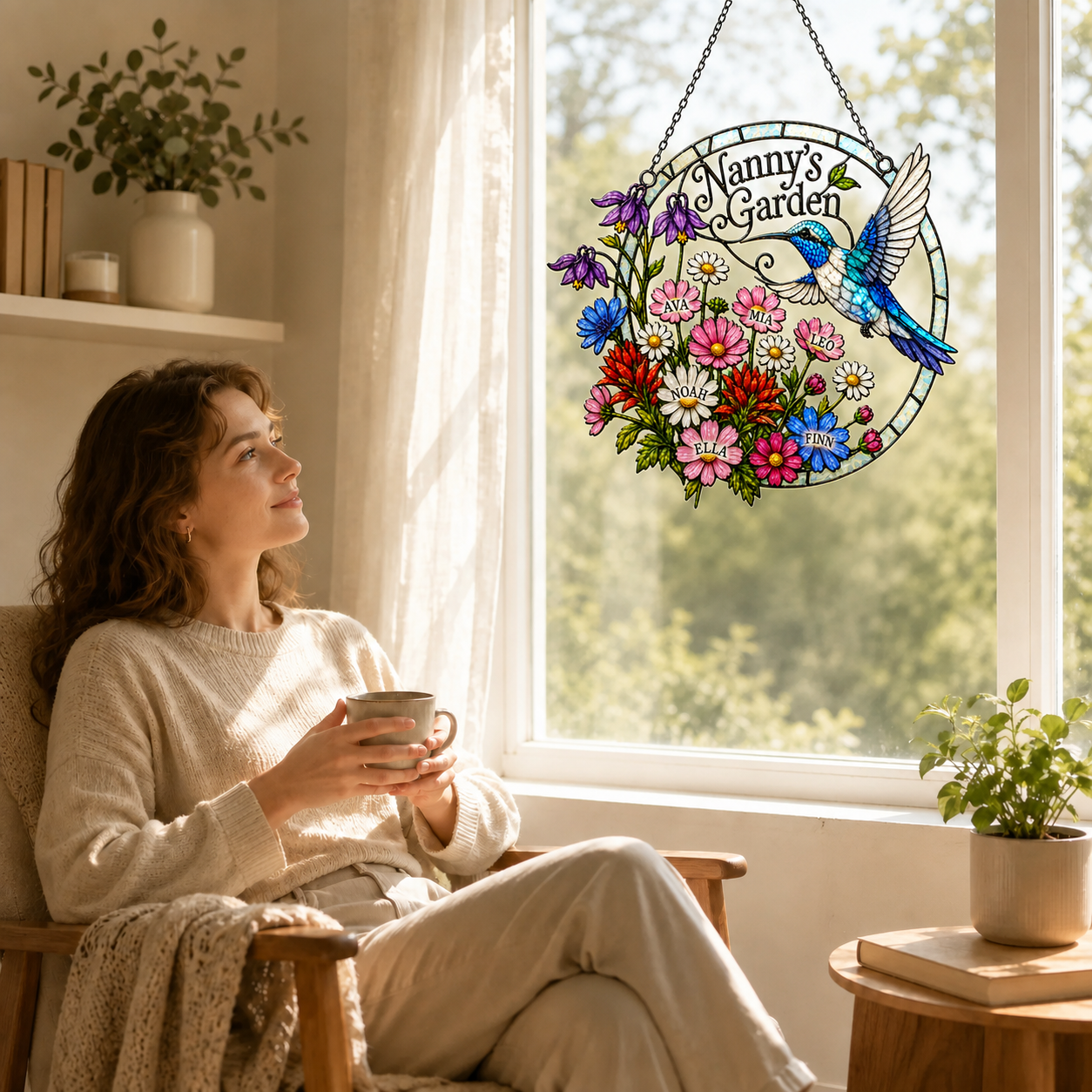 Personalized Nanny's Garden Hummingbird Holographic Acrylic Suncatcher