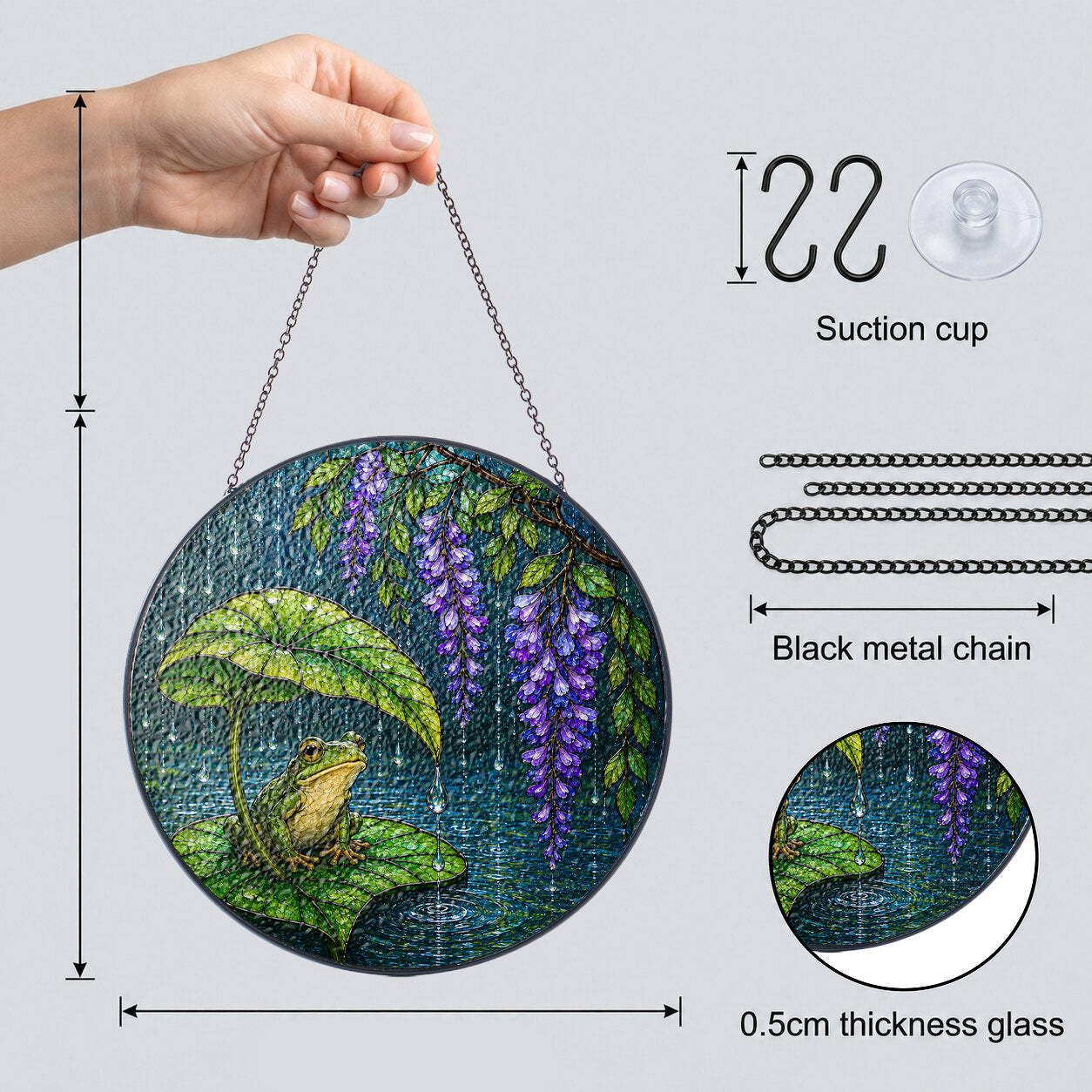 Frog & Wisteria Leaf Umbrella Stained Glass Suncatcher