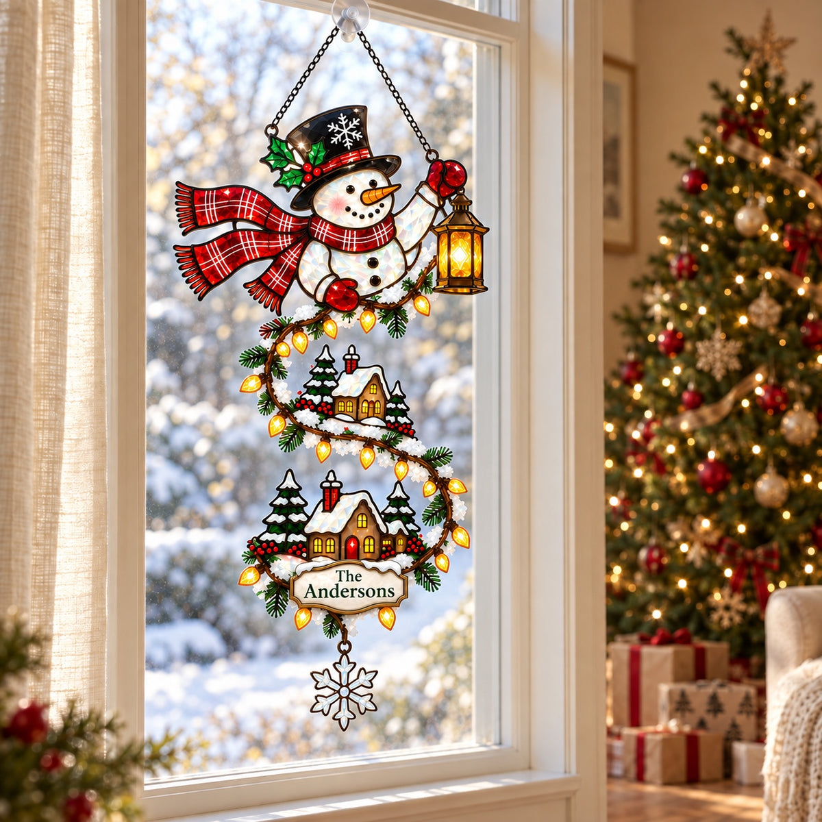 Personalized Snowman with Lantern & Winding Village Holographic Acrylic Suncatcher