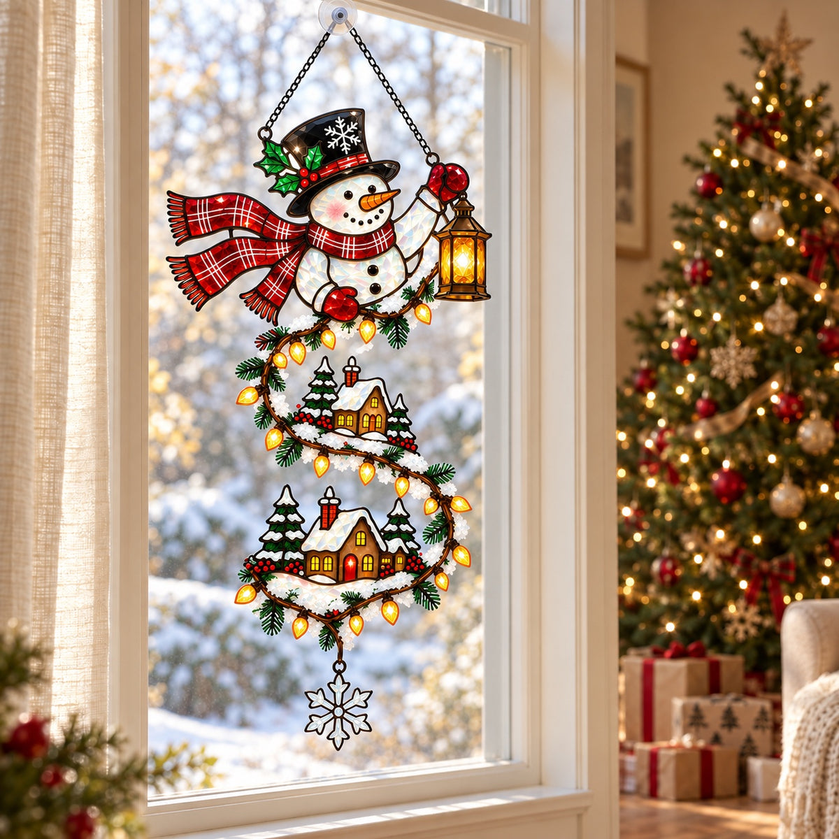 Personalized Snowman with Lantern & Winding Village Holographic Acrylic Suncatcher