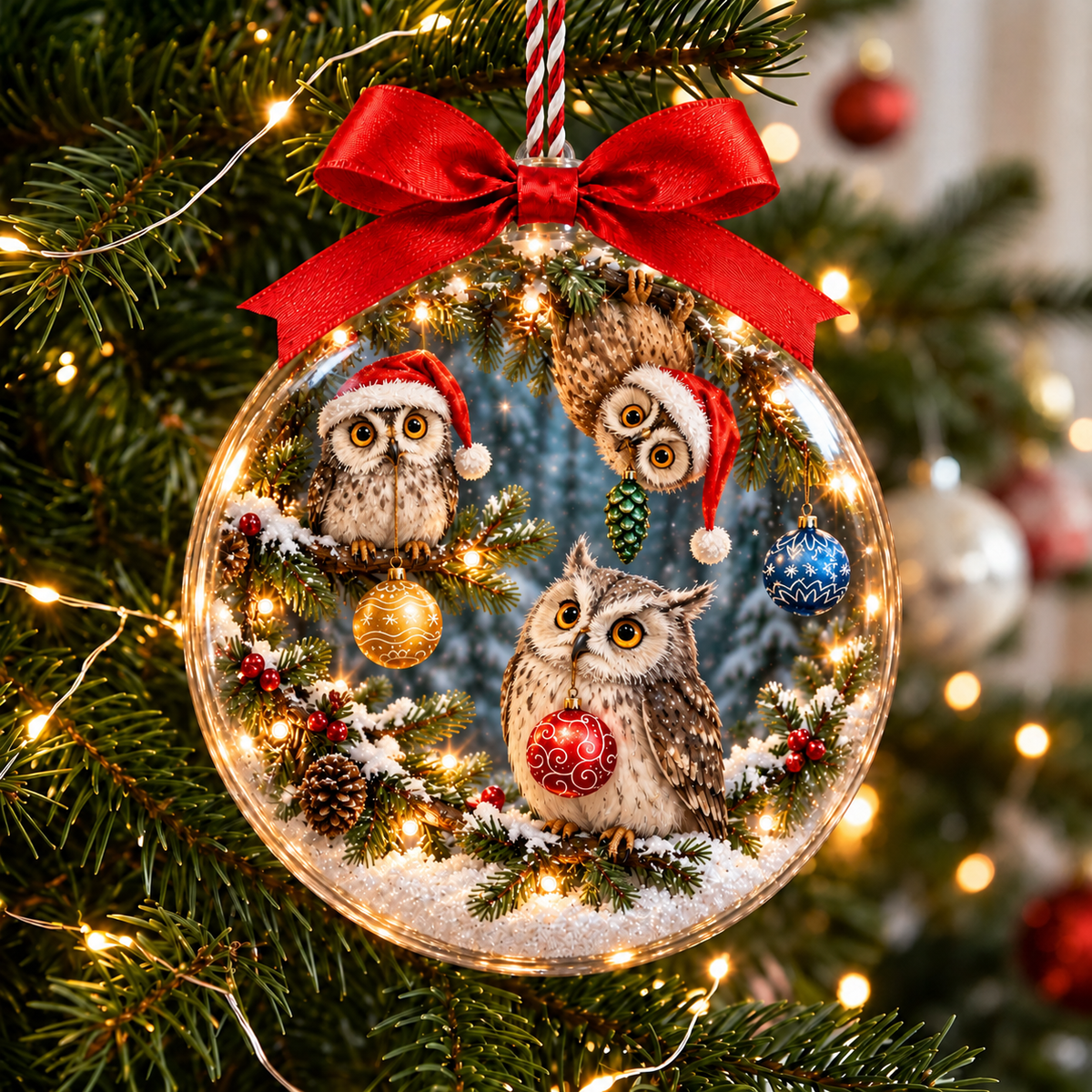 Three Owls in Santa Hats Snowy Christmas Bauble Ornament