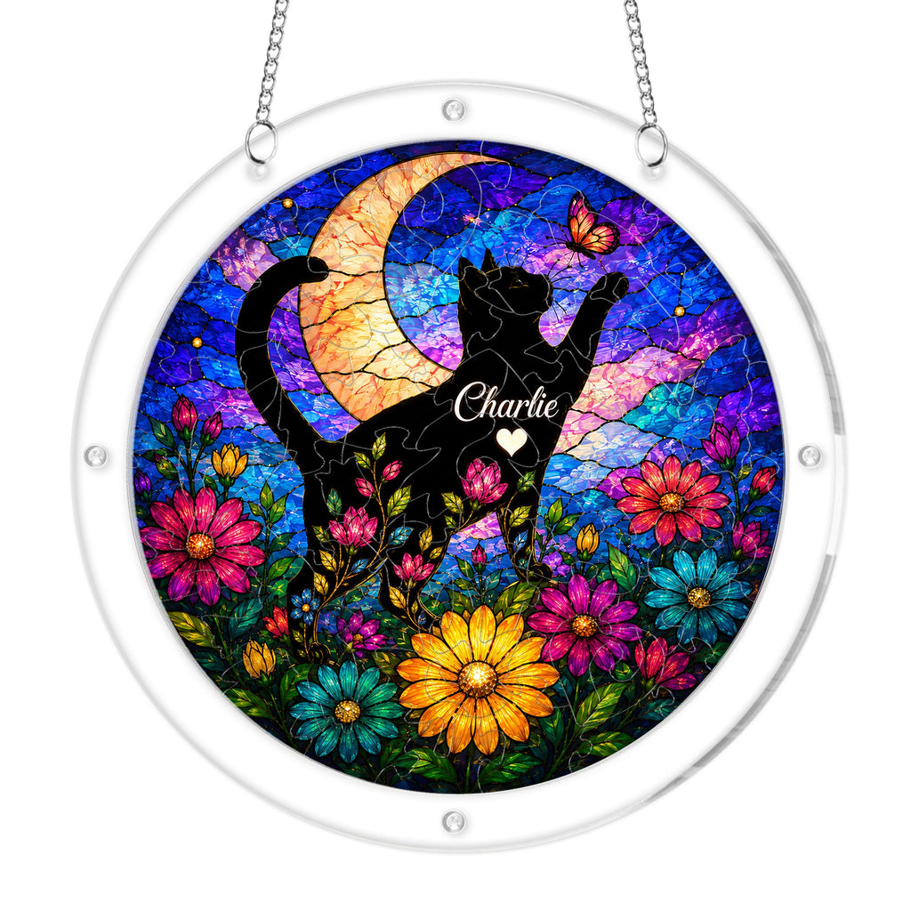 Cat memorial acrylic puzzle suncatcher on a clear round frame