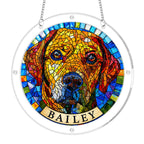 Rainbow mosaic dog memorial acrylic puzzle suncatcher on a clear round frame with hanging chain