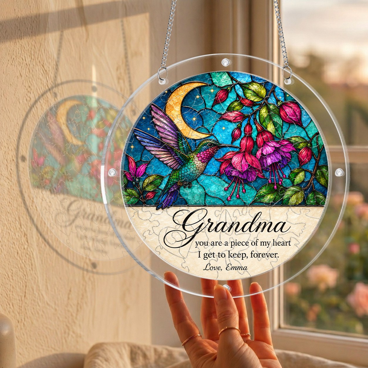 Personalized Grandma Hummingbird Acrylic Puzzle Suncatcher