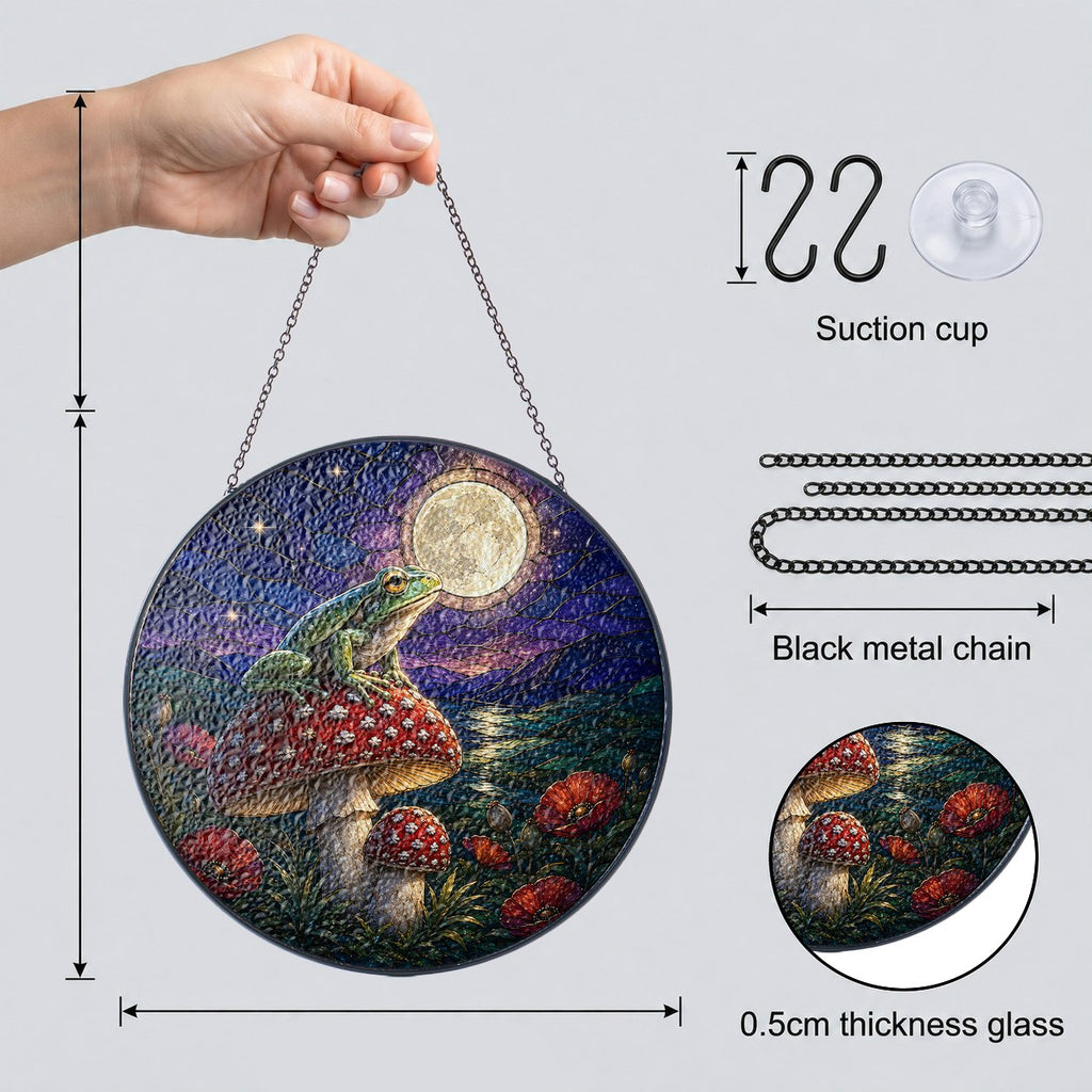 Frog on Mushroom Moonlit Stained Glass Suncatcher