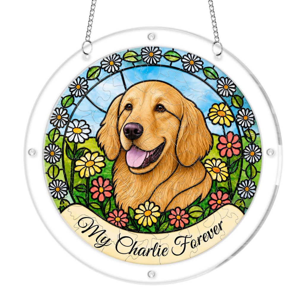 Daisy garden dog memorial acrylic puzzle suncatcher on a clear round frame with hanging chain