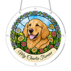 Daisy garden dog memorial acrylic puzzle suncatcher on a clear round frame with hanging chain