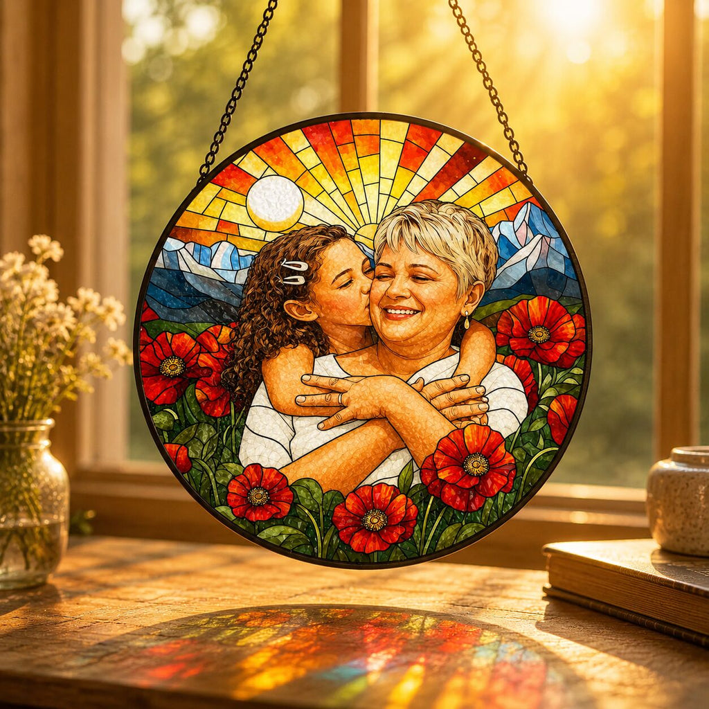 Personalized Poppy Sunrise Photo Stained Glass Suncatcher